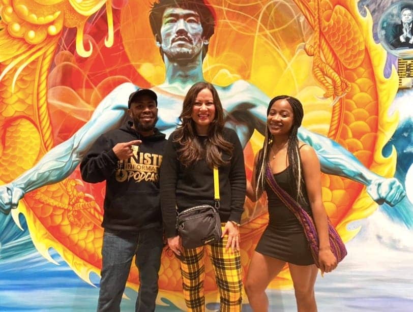 JR-Valrey-Shannon-Lee-and-Keidra-Onstage-at-Chinese-Historical-Society-Bruce-Lee-mural-by-Janice-Lee, San Francisco Chinatown’s upcoming Bruce Lee exhibit celebrates his connection to the Black community, Culture Currents News & Views 