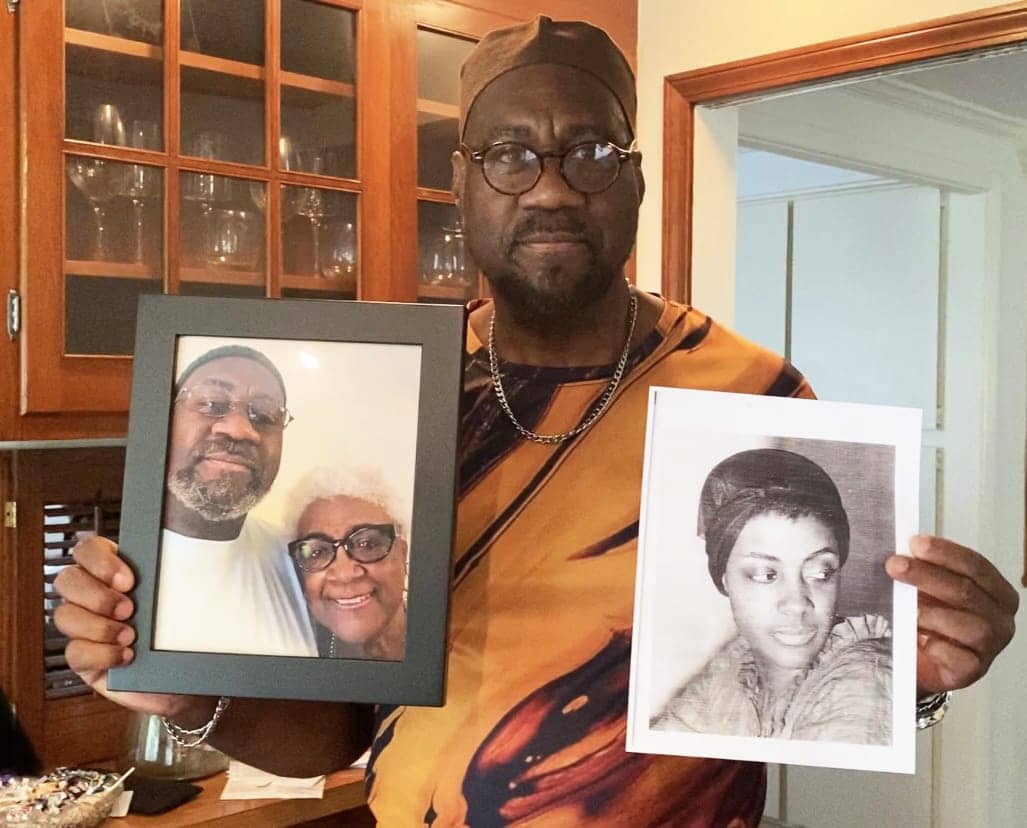 Jalil-holding-two-pictures-of-Mother-Ms.-Billie, Love and a PraiseSong to a Mother, Ms. Billie, Culture Currents World News & Views 