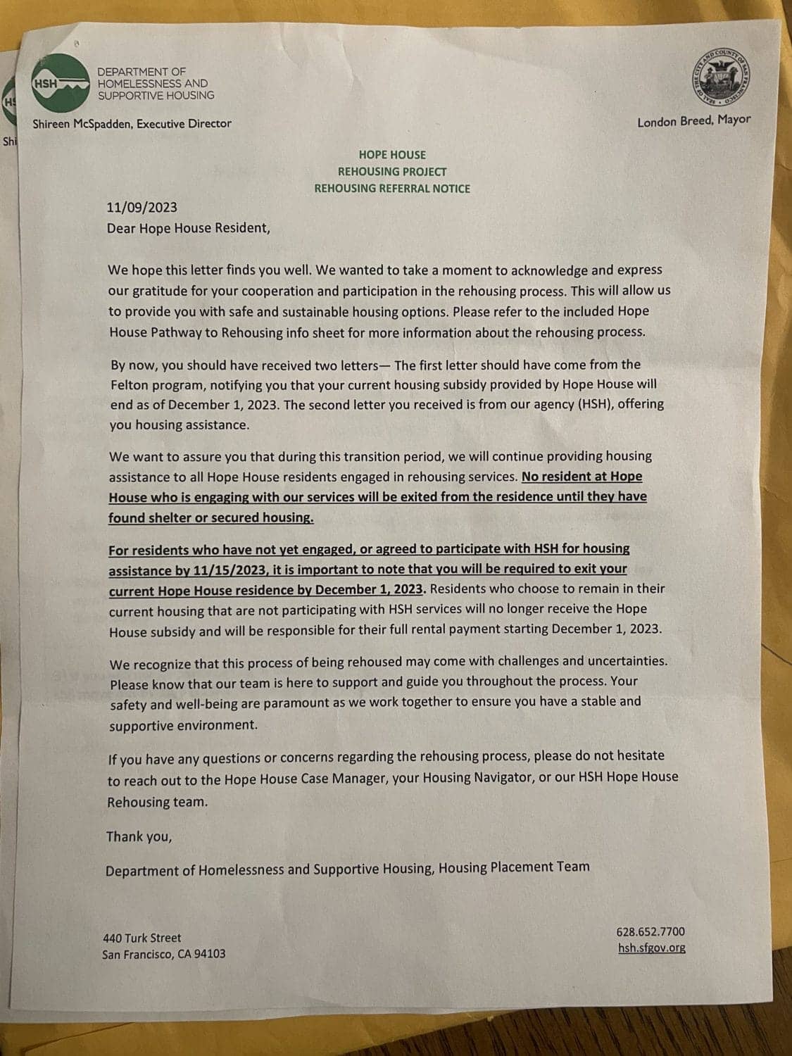 Eviction-notice-sent-to-Jose-Reyes-from-Felton-Institute-110923, Dozens of disabled, chronically homeless people face eviction from Bayview homes, Featured Local News & Views News & Views 
