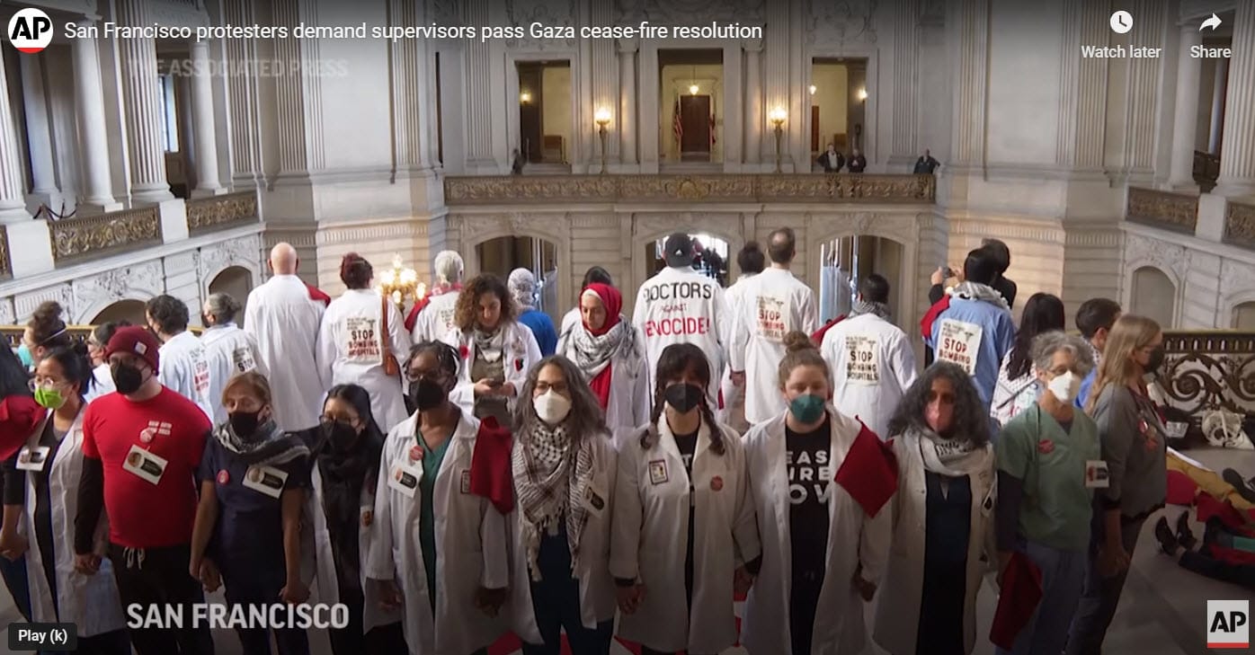 White-coats-for-Gaza-lives-demonstrate-for-Gaza-ceasefire-resolution-City-Hall-010924-by-AP-1, San Francisco is largest US city to call for ceasefire in Gaza, Featured Local News & Views 