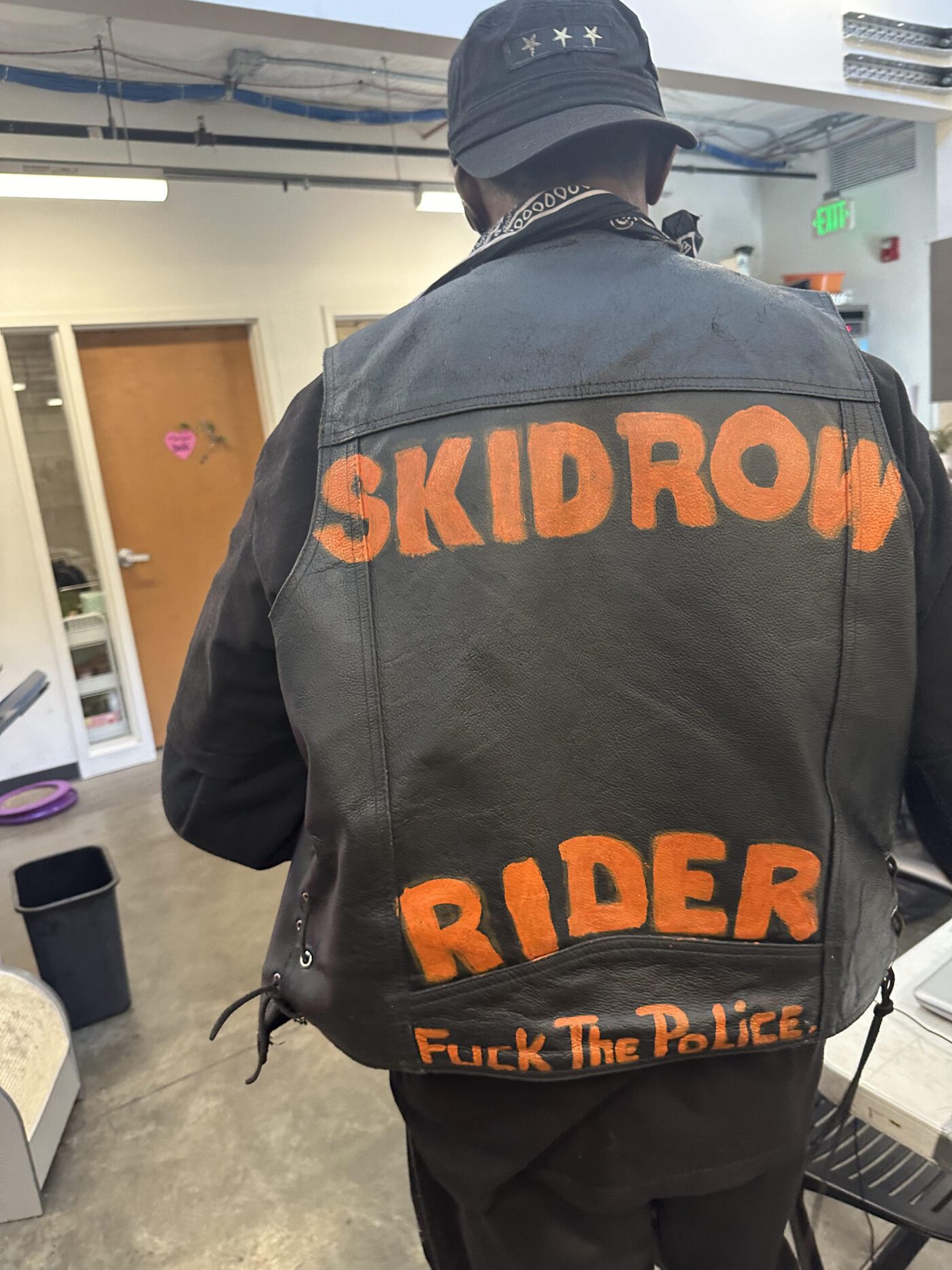 Skidrow-Rider-Fuck-the-Police-man-in-painted-jacket-by-LA-CAN-1400x1867, Treatment not tents? Vote NO on Prop 1 and Prop F, World News & Views 