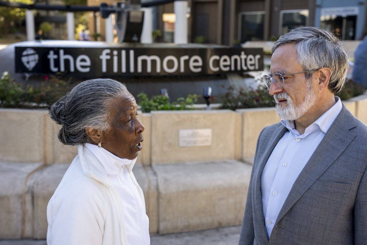 aaron-peskin-speaks-with-black-woman-outside-fillmore-center-1400x935, Green Jobs for Justice: Real solutions for Southeast SF’s future, Local News & Views 