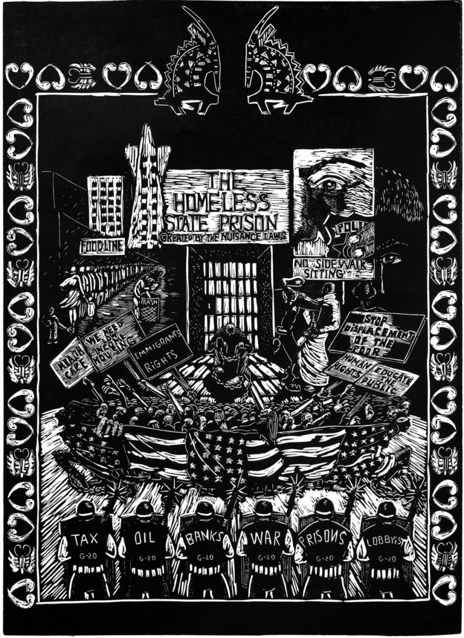 homeless-state-prison-linocut-print-2010-30-x-21-by-ronnie-goodman, The roots of Neoliberal Fascism in America today, and what we can do about it, Featured 