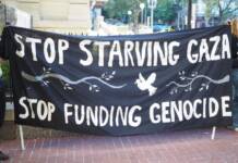 Go Tell It on the Mountain: Genocide is wrong Banner - Stop Starving GAZE, Stop funding genocide.