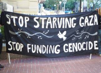 Go Tell It on the Mountain: Genocide is wrong Banner - Stop Starving GAZE, Stop funding genocide.